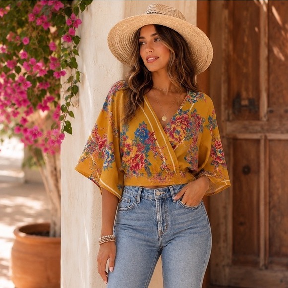 Flying Tomato Tops - Flying Tomato Boho Floral Wrap Kimono Sleeve Crop Top Festival Summer Beach Sz L
